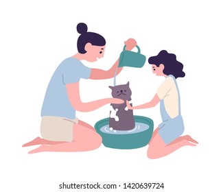 Happy mother and daughter washing cat at home. Funny mom and little girl taking care of domestic animal or pet. Daily family activity. Maternity and motherhood. Flat cartoon vector illustration.