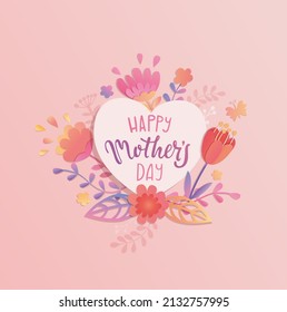 Happy mother day 2022 greeting card,banner with heart, beautiful paper flowers and wishing text.Holiday poster, flyer on pink background.Template for your design. Vector illustration.