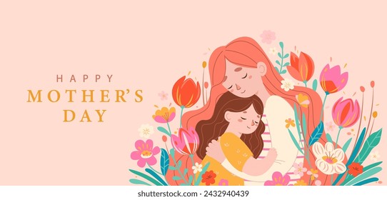 Feliz día de la madre 2024, tarjeta de felicitación. Banner horizontal con mamá e hija abrazos entre flores en colores pastel. Plantilla para su diseño. Linda niña saludando a su madre. Ilustración vectorial.