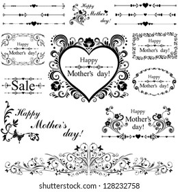 Happy mother day background. Collection of design elements vintage set isolated on White background. Vector illustration