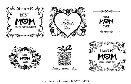 Happy Mother day background.  I love my mom. Best Mom Ever. Collection of design elements vintage set isolated on White background. Vector illustration