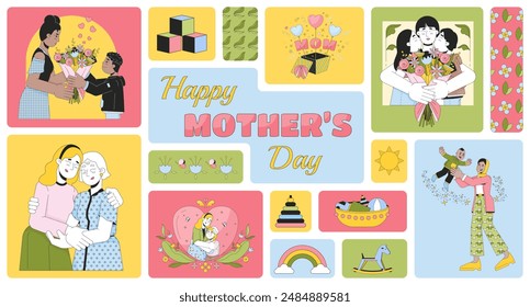 Happy mother day bento grid illustration set. Good warm moment 2D vector image collage design graphics collection. Gratitude gift. Multinational mom kids and flowers flat characters moodboard layout