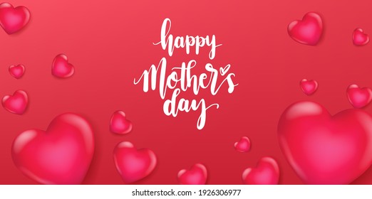 Happy mother day calligraphy on pink background with 3D sweet heart. Mother day card template with lovely heart. Vector illustrative for banner on mother day event.