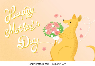 Happy Mother Day card celebration vector. Offering a bouquet of flowers. Mother and child animals. A mother kangaroo receving a bouquet coming from her pouch. Removable cursive text.