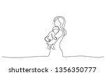 Happy Mother day card. Continuous one line drawing. Woman hold her baby. Vector illustration
