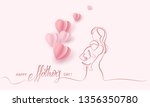 Happy Mother day card. Continuous one line drawing. Woman hold her baby with air balloons shaped as heart. Vector illustration
