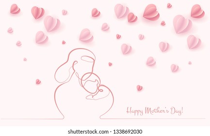 Happy Mother day card. Continuous one line drawing. Woman hold her baby with air balloons shaped as heart. Vector illustration