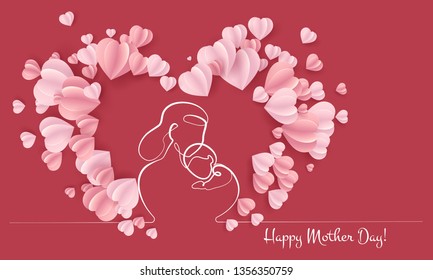 Happy Mother day card. Continuous one line drawing. Woman hold her baby with air balloons shaped as heart. Vector illustration