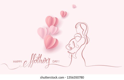 Happy Mother day card. Continuous one line drawing. Woman hold her baby with air balloons shaped as heart. Vector illustration