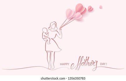 Happy Mother day card. Continuous one line drawing. Woman hold her baby with air balloons shaped as heart. Vector illustration