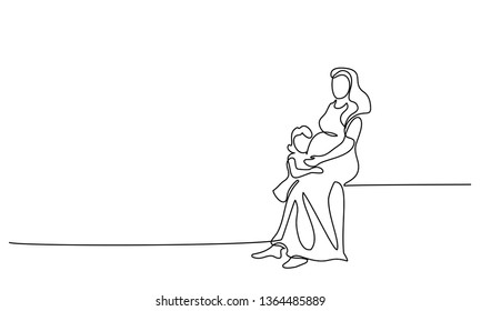 Happy Mother day card. Continuous one line drawing. Woman hold her baby. Vector illustration