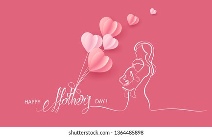 Happy Mother day card. Continuous one line drawing. Woman hold her baby with air balloons shaped as heart. Vector illustration