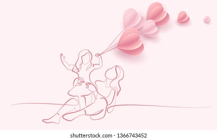 Happy Mother day card. Continuous one line drawing. Woman hold her baby with air balloons shaped as heart. Vector illustration