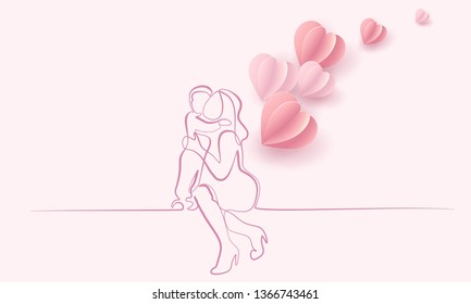 Happy Mother day card. Continuous one line drawing. Woman hold her baby with air balloons shaped as heart. Vector illustration