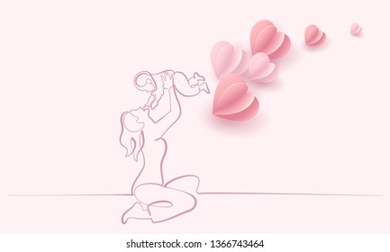 Happy Mother day card. Continuous one line drawing. Woman hold her baby with air balloons shaped as heart. Vector illustration