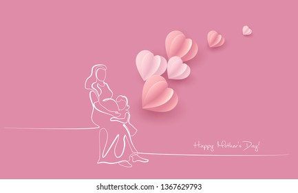 Happy Mother day card. Continuous one line drawing. Woman hold her baby with air balloons shaped as heart. Vector illustration