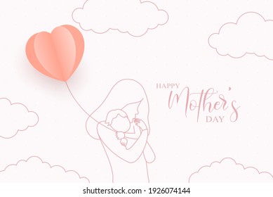 Happy Mother day card. Continuous one line drawing. Woman hold her baby with air balloons shaped as heart. Vector illustration