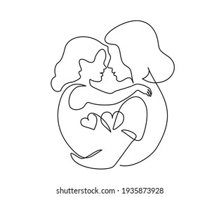 Happy Mother day card  Continuous one line drawing  Woman hold her baby  Vector illustration
