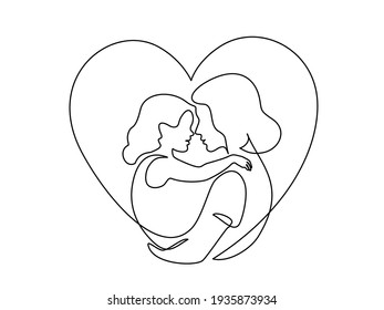 Happy Mother day card  Continuous one line drawing  Woman hold her baby inside heart  Vector illustration