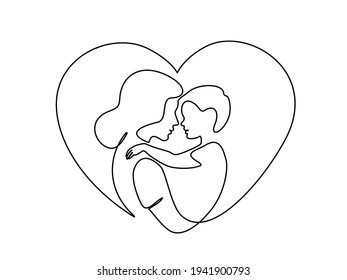 Happy Mother day card. Continuous one line drawing. Woman hold her baby son inside heart. Vector illustration