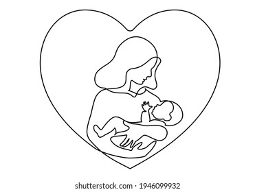 Happy Mother day card. Continuous one line drawing. Woman hold her baby inside heart. Vector illustration