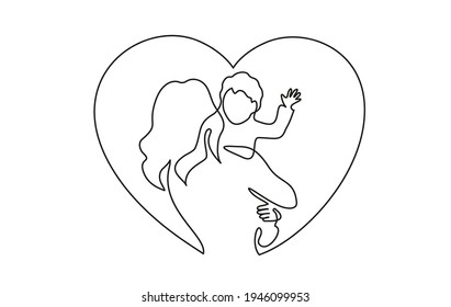 Happy Mother day card. Continuous one line drawing. Woman hold her baby inside heart. Vector illustration