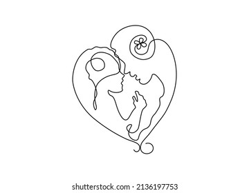 Happy Mother day card. Continuous one line drawing.
mother kissing her baby. Vector illustration