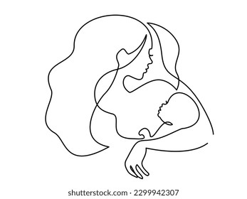 Happy Mother day card. Continuous one line drawing. Woman hold her baby. Vector illustration