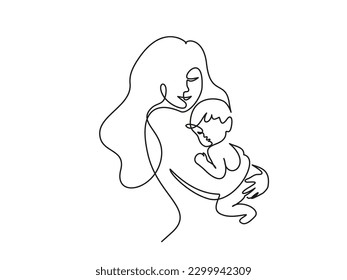 Happy Mother day card. Continuous one line drawing. Woman hold her baby. Vector illustration