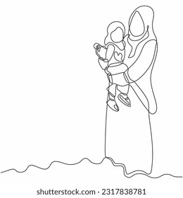 Happy Mother day card. Continuous one line drawing. Muslim Woman hold her baby. Parent day one line.
