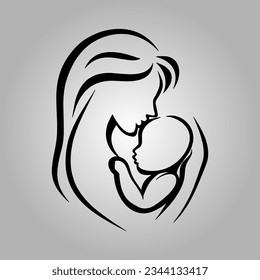 Happy Mother day card. Continuous one line drawing. Woman hold her baby. Vector illustration