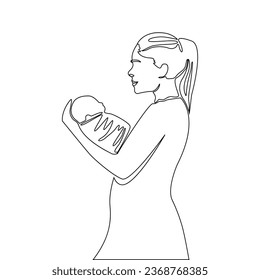 Happy Mother day card. Continuous one line drawing. Woman hold her baby. Vector illustration