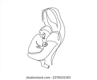 Happy Mother day card. Continuous one line drawing. Woman hold her baby. Vector illustration