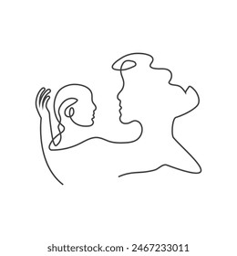 Happy Mother day card. Continuous one line drawing. Woman hold her baby. Vector illustration