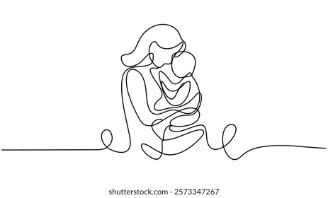 Happy Mother day card Continuous one line drawing  Woman hold her baby, One single line drawing of young happy mom raising and turning her daughter around up in the air at home vector illustration