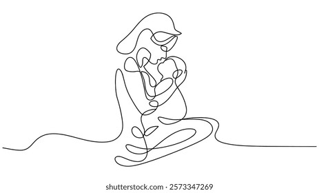 Happy Mother day card Continuous one line drawing  Woman hold her baby, One single line drawing of young happy mom raising and turning her daughter around up in the air at home vector illustration