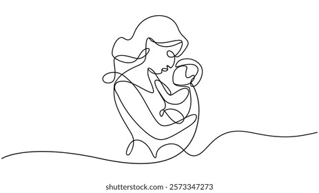 Happy Mother day card Continuous one line drawing  Woman hold her baby, One single line drawing of young happy mom raising and turning her daughter around up in the air at home vector illustration