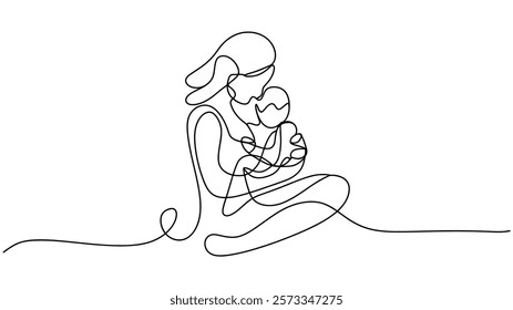 Happy Mother day card Continuous one line drawing  Woman hold her baby, One single line drawing of young happy mom raising and turning her daughter around up in the air at home vector illustration