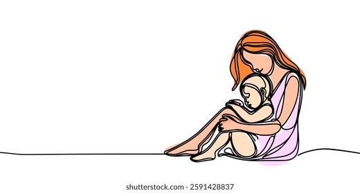 Happy Mother day card. Continuous one line drawing. Woman hold her baby. Vector illustration