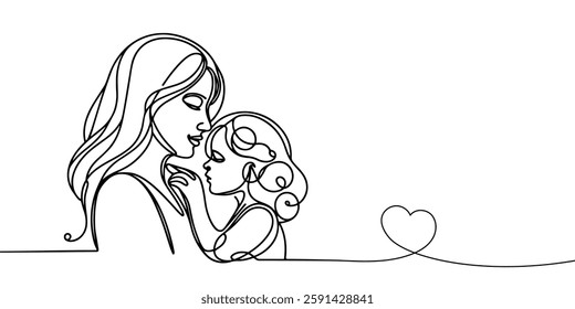 Happy Mother day card. Continuous one line drawing. Woman hold her baby. Vector illustration