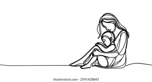 Happy Mother day card. Continuous one line drawing. Woman hold her baby. Vector illustration