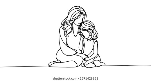 Happy Mother day card. Continuous one line drawing. Woman hold her baby. Vector illustration