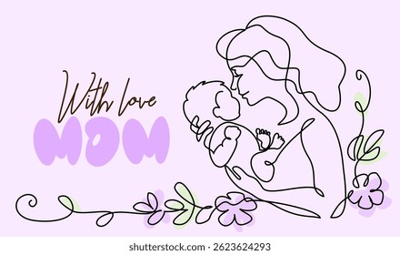 Happy Mother day card. Continuous one line drawing. Woman hold her baby with color flowers. Vector illustration