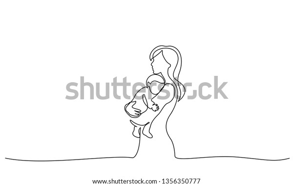 Happy Mother day card. Continuous one\
line drawing. Woman hold her baby. Vector\
illustration