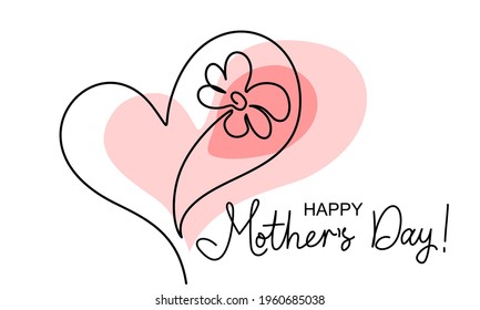 Happy Mother day card. Flower inside heart. Symbol of love, care and happiness. One line drawing with color spot. Vector illustration