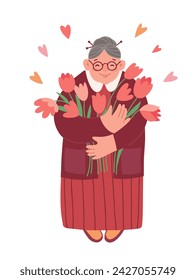 Happy Mother Day card. Grandmother with tulips flowers. Hand drawn flat vector illustration