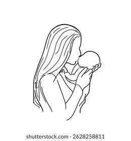 Happy Mother day card. Hand drawn mother holding baby vector illustration. Sketch style mother and child embrace graphic