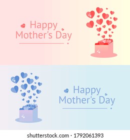 Happy mother day card. Heart box pink and blue. Box to send love and warmth. Send hearts and happiness to loved ones. Heart icon. Illustration vector.
