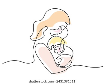 Happy Mother day card. Mother kissing baby. Continuous one line drawing. Woman hold her baby. Vector illustration