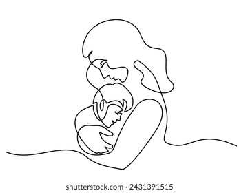 Tarjeta del día de la madre feliz. Madre besando al bebé. Dibujo continuo de una línea. Una mujer sostiene a su bebé. Ilustración de vector